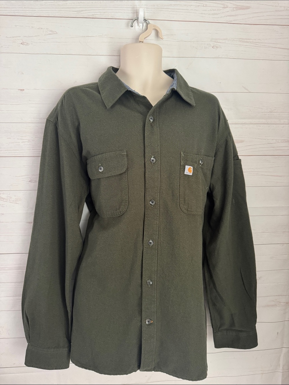 Carhartt Size XL Dark Olive Button-Front Work Shirt Flannel Relaxed Fit